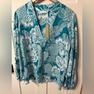 Trina Turk Festivity teal and white Topical Tunic long sleeve Top 💯 cotton